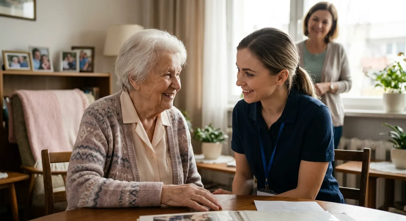 Europäische Pflegekraft betreut Seniorin fürsorglich zu Hause
