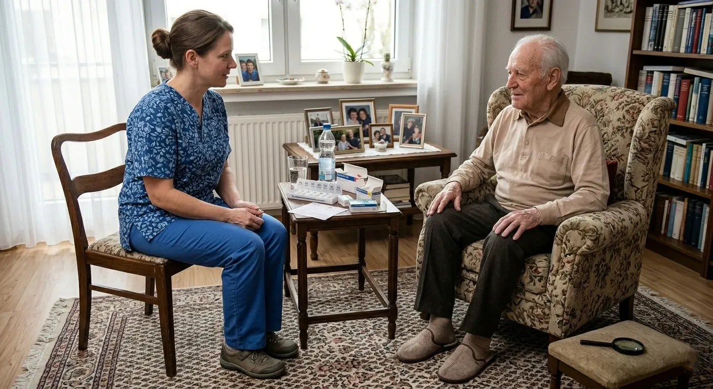 Pflegekraft unterstützt Senior bei der Medikamenteneinnahme zu Hause